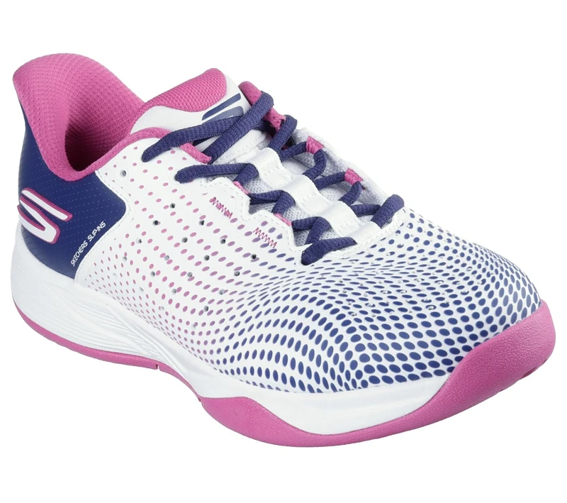 Skechers Women's Viper Court Reload Pickleball-Shoes, White Synthetic/Navy Textile/Pink Trim, 3.5 UK