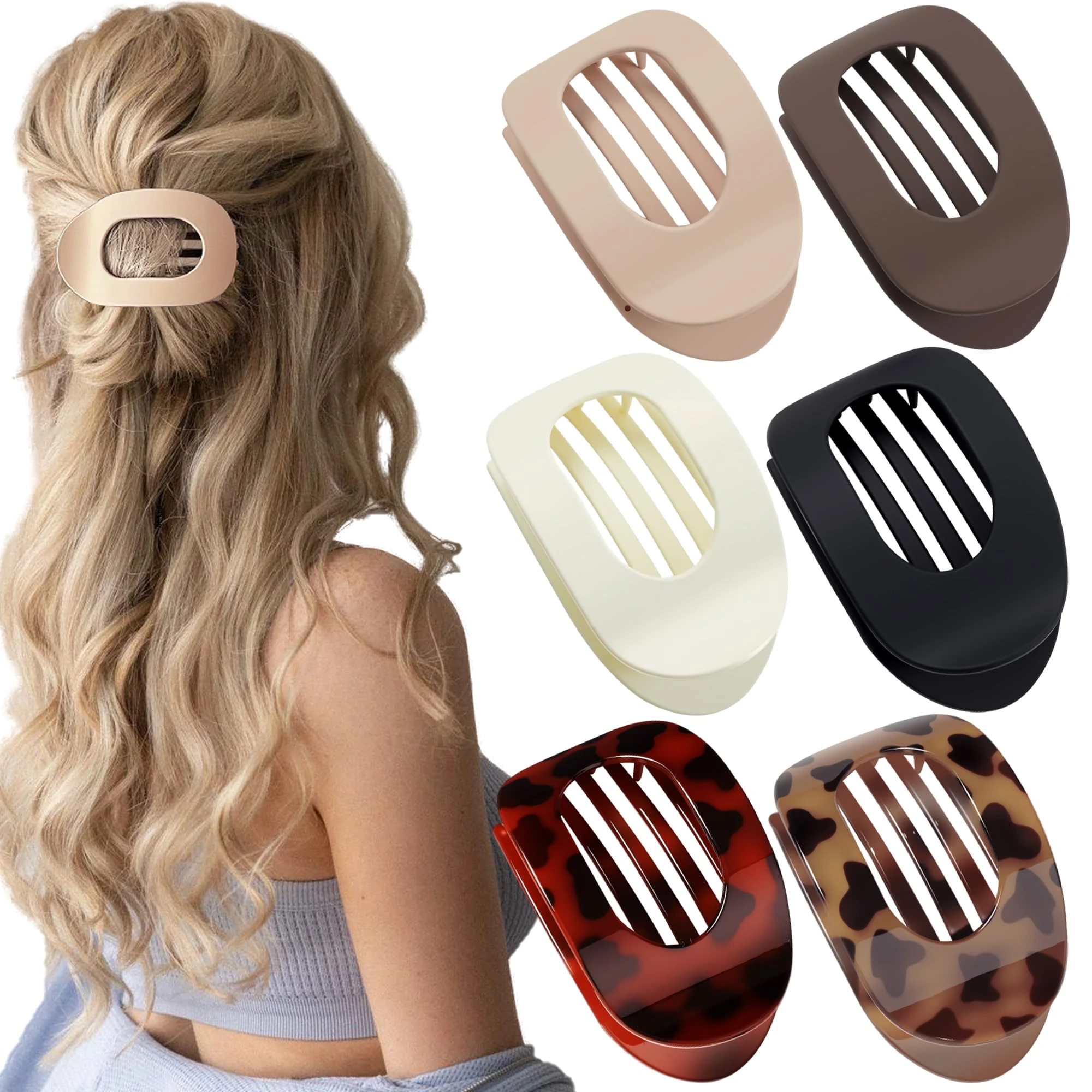 AerLiia 6 Pcs Flat Claw Clips for Women Curved Design Matte Solid Duckbill Hair Clips for Fine,Thick Hair,Lying Down,Driving Strong Hold Round Flat Hair Claw Clips for Women Hair Accessories