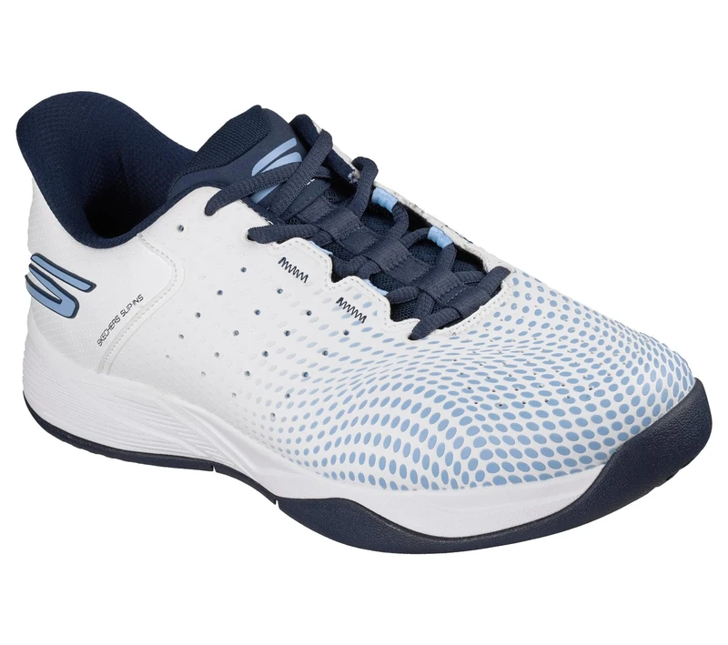 Skechers Men's Viper Court Reload Pickleball-Shoes, White Synthetic/Textile/Blue Trim/Navy Trim, 8 UK