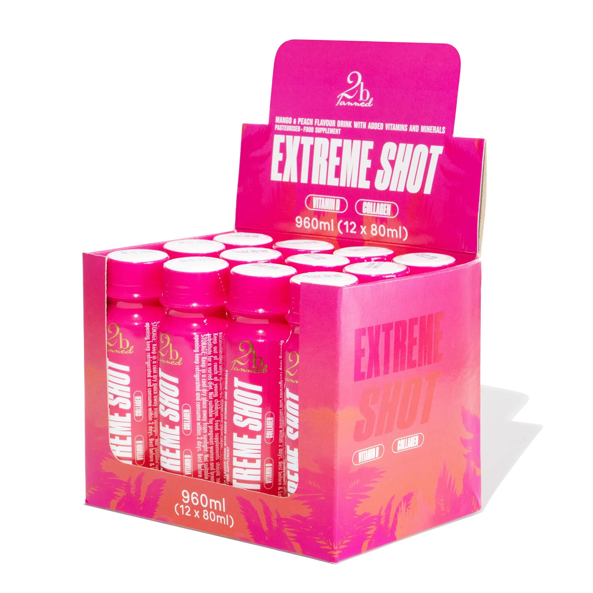 2bTanned Extreme Tanning Shots (12 x 80ml), Tanning Drink with Collagen, Beta Carotene and Vitamin D, Sunbed Tan Accelerator, Mango & Peach