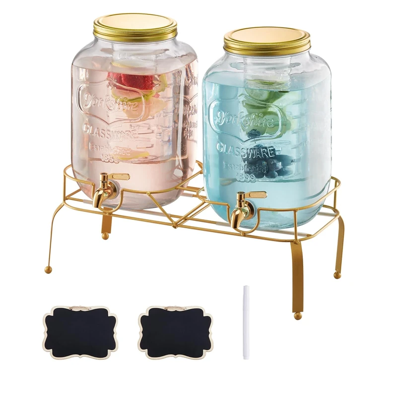 VEVOR Beverage Dispenser, 2 Pack 8L Drink Dispensers for Parties, Glass Juice Dispenser with Metal Stand, Stainless Steel Spigot, Infuser, Iced Tea Lemonade Juice Water Dispensers for Parties