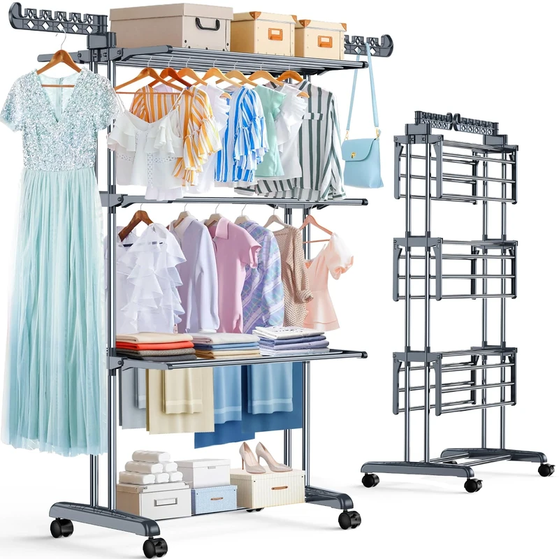 Thicken & Durable Clothes Airer, Extra Large 4-Tier Capacity Foldable Clothes Drying Rack with Wheels, Stainless Steel Clothes Horse for Indoor/Outdoor Use in Bedroom, Laundry 50D x 76W x 172H