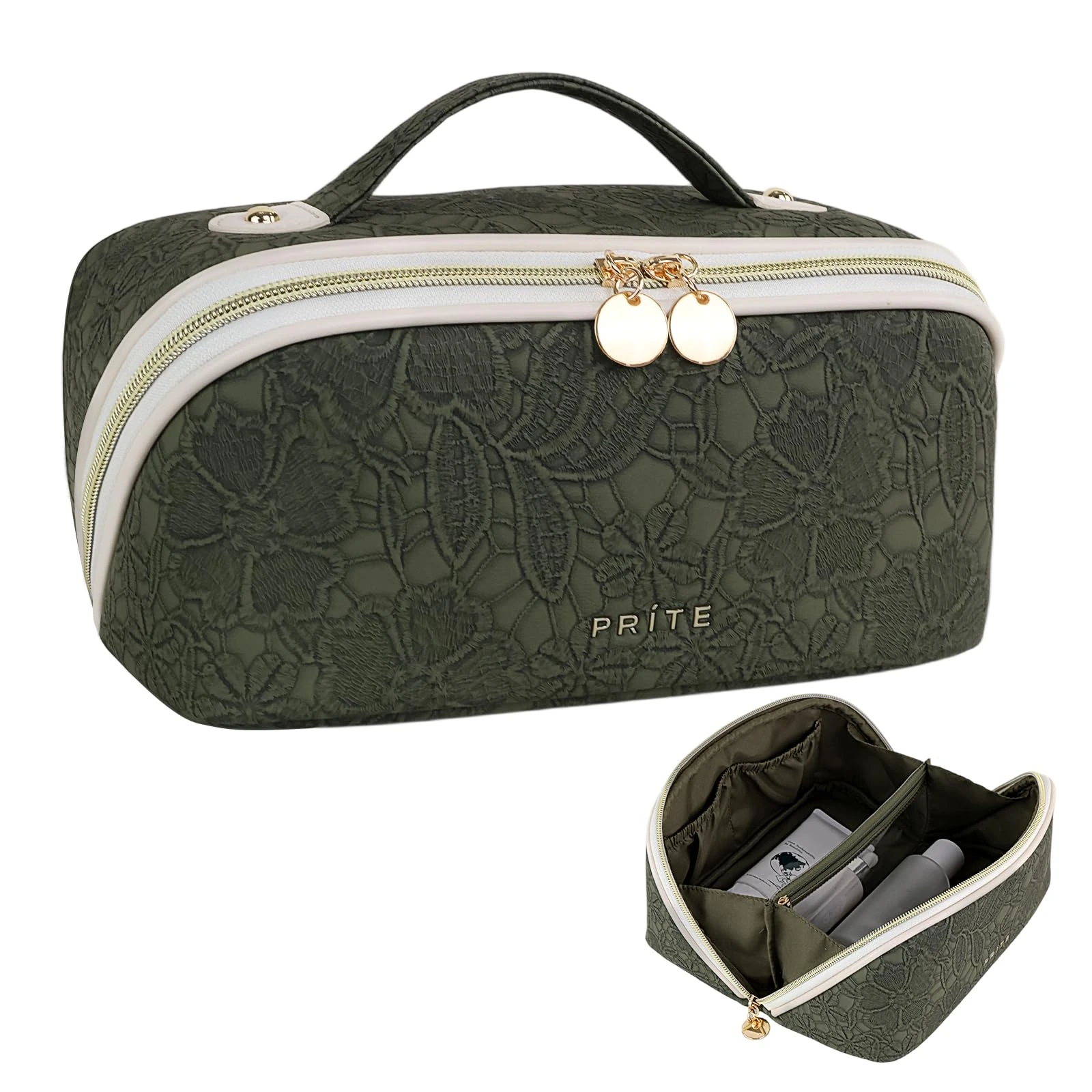 Prite Large Capacity Makeup Bag Portable Travel Cosmetic Bag Waterproof Toiletry Case with Clear Divider and Handle (Green Flower)