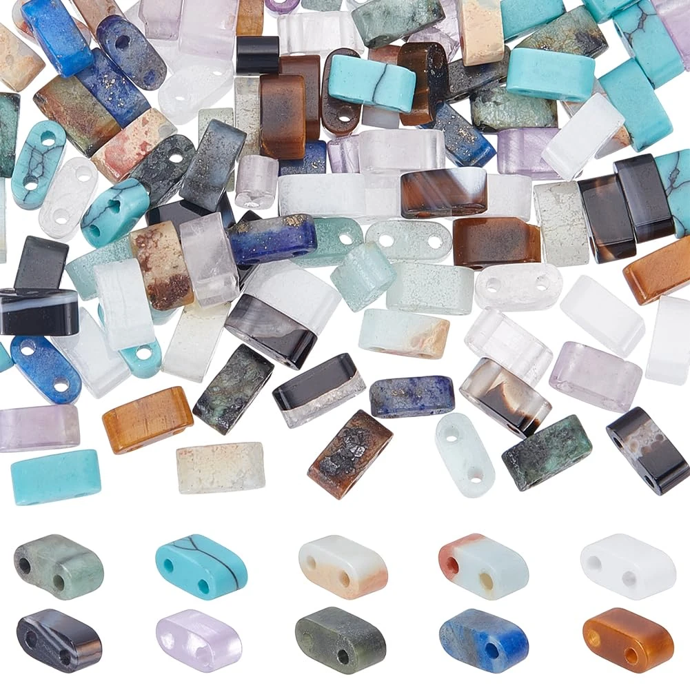 UNICRAFTALE 140Pcs 10 Styles Half Seed Beads Tila Beads 2-Hole Seed Flat Square Loose Beads 2.5x5mm Rectangle Natural Gemstone Connector Spacer Bead for DIY Bracelet Earring Jewelry Making Hole 0.8mm