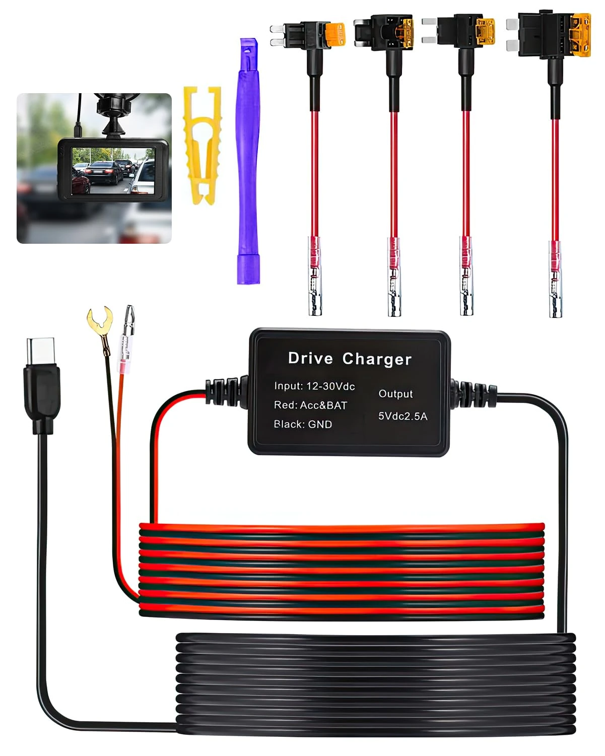 Dash Cam Hardwire Kit USB C, 13ft 12V-24V to 5V Type-C Hardwire Kit for Dash Camera with Low Voltage Protection, Fuse Adapters & Tools, Ideal Hard Wire Kit for Dash Cam GPS Radar