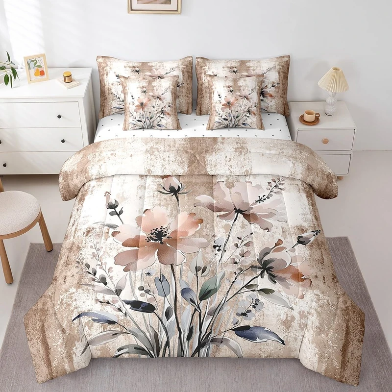 Tan Flower Full Size Bedding 7 Piece Spring Blossom Comforter Sets For Girls Soft Abstract Oil Painting Watercolor Floral Rustic Farmhouse Sheets Set With Ombre Beige Brown Grey Design For Adults
