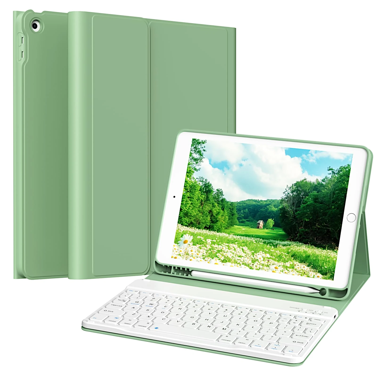 ZOPSGYU Case with Keyboard for iPad 9th Generation 2021, iPad 8th/7th Gen 2020/2019 with Pencil Holder for 10.2 Inch, Detachable Wireless Keyboard, Full Protection Lightweight Cover, Matcha Green