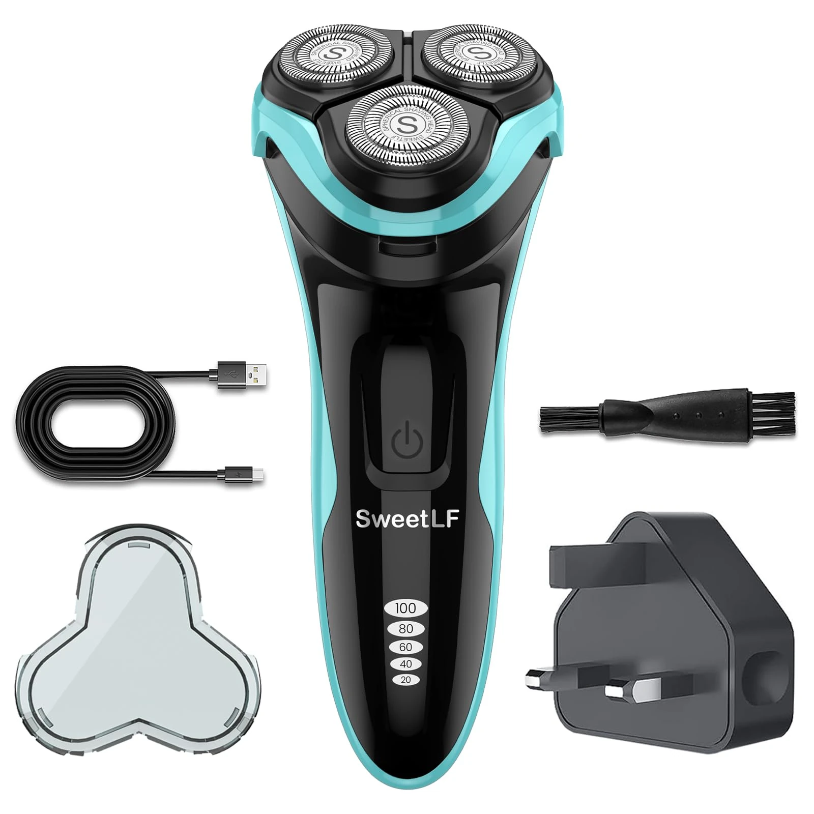 SweetLF Electric Razor for Men, 120 Min Shaving, Fast UK Adapter (1H Charging),100% Waterproof, Wet & Dry Rotary Shavers for Men with Pop-up Trimmer, LED Display, Sky Blue