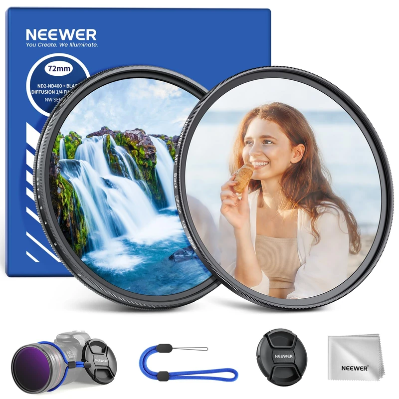 NEEWER 72mm Variable ND & Black Mist Diffusion 1/4 Filter Set, 2 Pack Multicoated Optical Glass Neutral Density ND2-400 & Dreamy Soft Cinematic Effect Filter for Camera Lens
