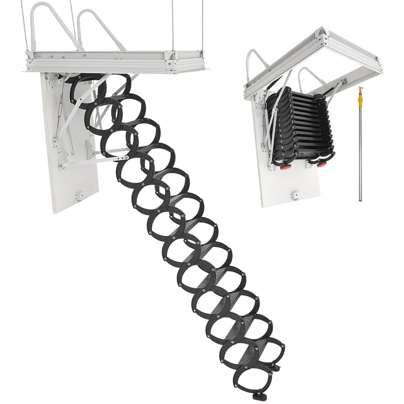 VEVOR Attic Ladder, 660LBS/299.4KG Capacity, Fits 9.5 to 10.2 ft Ceiling Height and 39.4 x 27.5 inch Opening Size, Alloy Steel Pull-Down Retractable Ceiling Stair with Pulling Rod for Attic Loft Roof