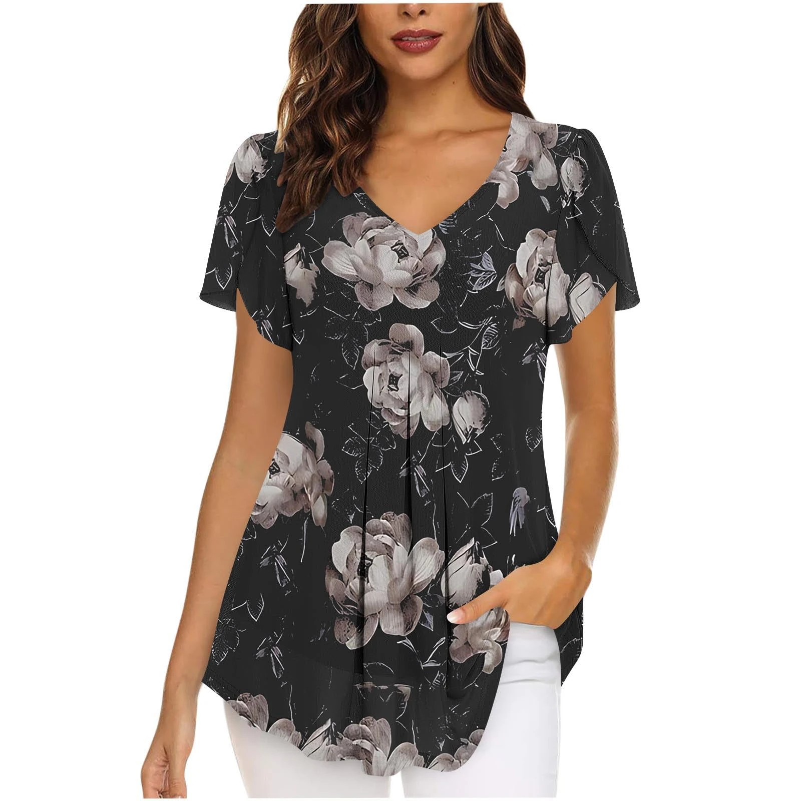 AMhomely Ladies Blouses and Tops Dressy, Tops for Women Casual Elegant, Chiffon for Women UK Black White, Formal Wedding Guest Dress Shirts Blouses