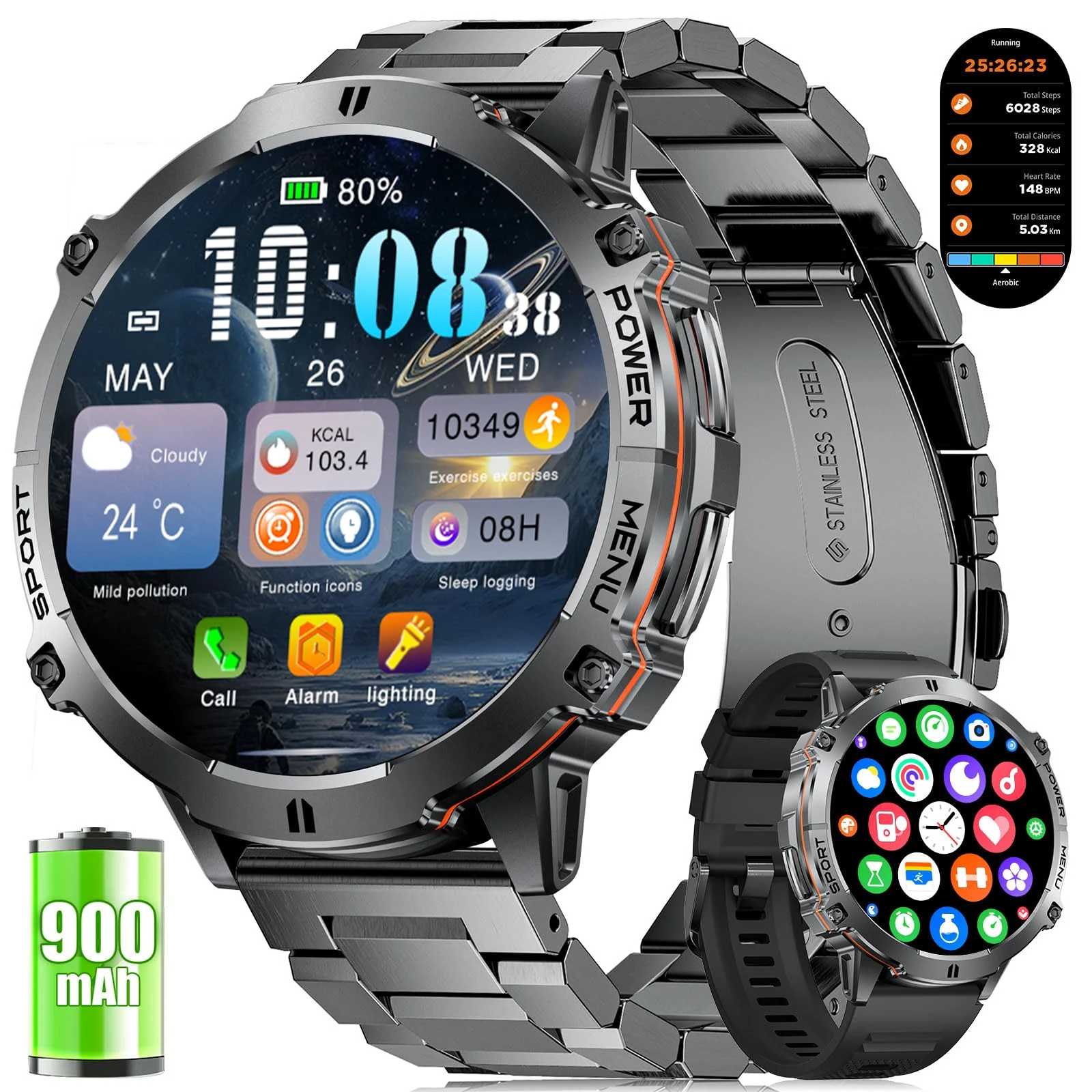 LIGE Smart Watch for Men Military with 900mAh Battery, 1,73’' AMOLED Ultra Screen 3ATM Fitness Watch with Compass Barometer, 110+ Sport Modes, Heart Rate/Sleep Monitor Pedometer for Android iOS Black
