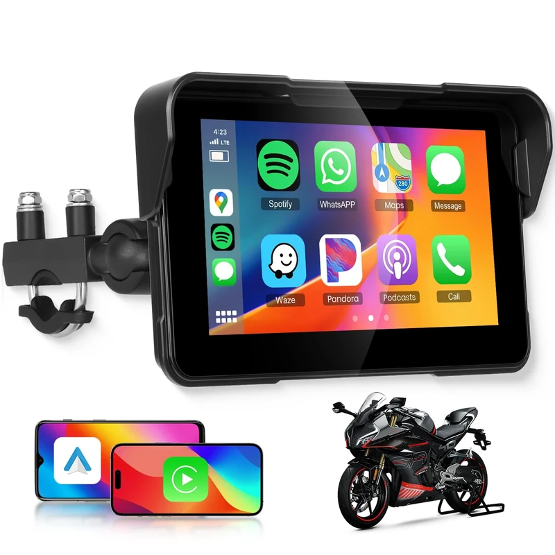 Hodozzy 5 Inch Motorcycle Carplay Screen - Wireless CarPlay & Android Auto, IP68 Waterproof In-Cell IPS Touch Screen, Dual Bluetooth Hands-Free Call/Music, GPS Navigation, Portable Motorbike Stereo