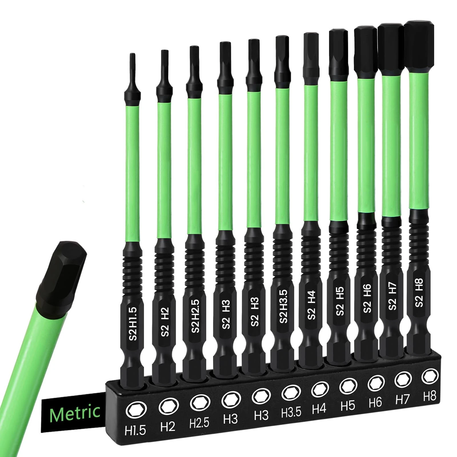 11PCS Impact Drill Allen Key Set, 100mm Hex Bit Set Magnetic Impact Driver Bits 1/4' Hexagon-Shank S2 Steel, H1.5-H8 Hex Head Allen Wrench Drill Bit, 100 mm Long with Storage Box