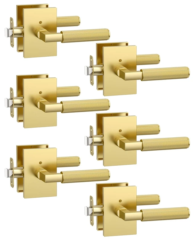 Asidrama 6 Pack Brushed Gold Privacy Door Handles, Door Lever with Door Knobs Indoor for Bedroom or Bathroom, Heavy Duty Door Handles Interior with Locks for Left Right Sided Doors
