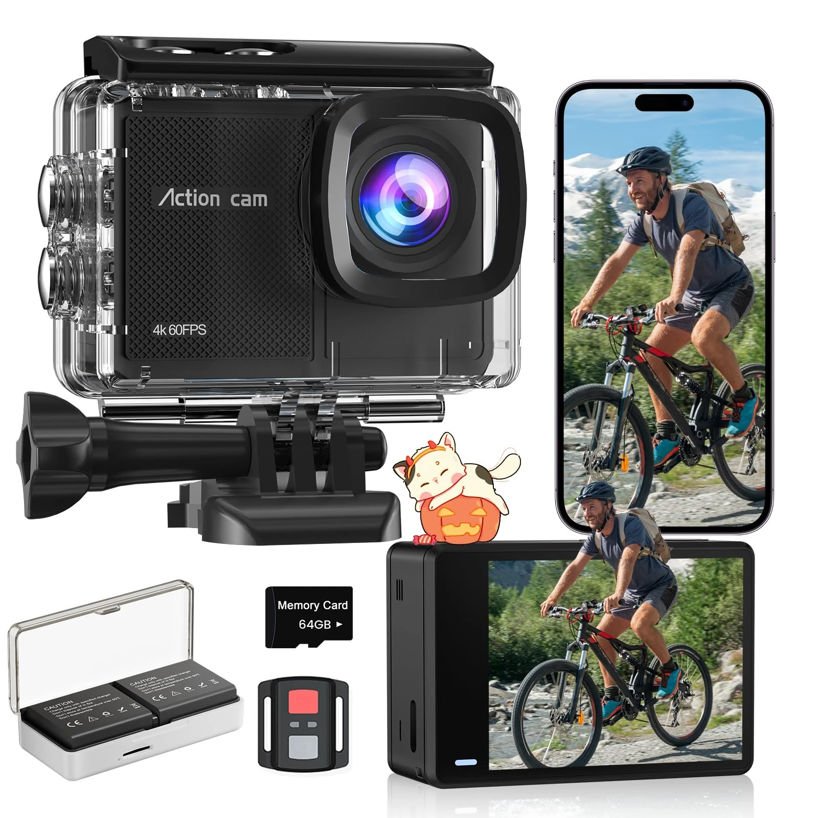 Yolansin 4K 60FPS Action Camera with 64GB SD Card- HD 48MP 40M Underwater Camera,8X Zoom Waterproof Camera EIS WIFI SportsCamera with 2x1350 Batteries Helmet Mount Accessories Kits
