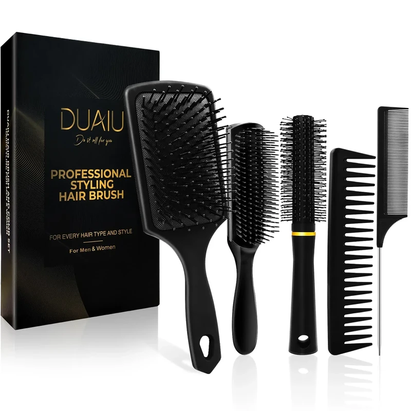DUAIU 5 Pcs Hair Brush for Men and Women Styling Hair Comb Set for All Hair Types Paddle Brush Detangling Brush Quiff Round Hair Brush Wide Tooth Comb Rat Tail Comb for Dry or Wet Hairdressing Tools