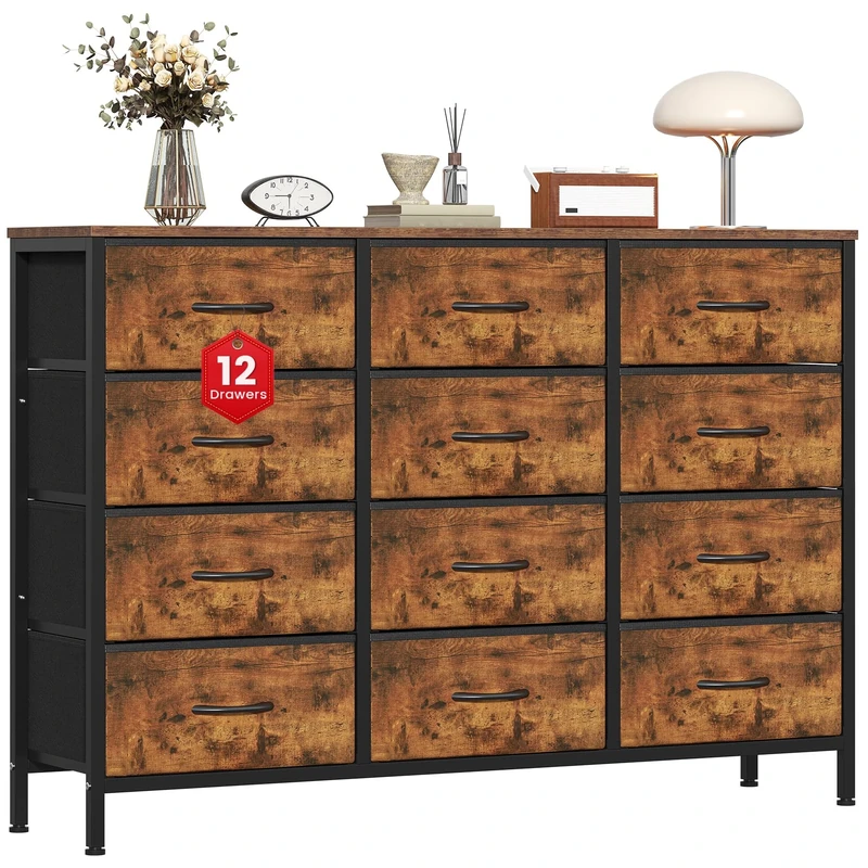 GoaHi Chest of Drawers with 12 Drawers,Bedroom Drawers, Fabric Dresser with Wood Top,Drawer Storage Unit for Bedroom,Living room, Rustic Brown