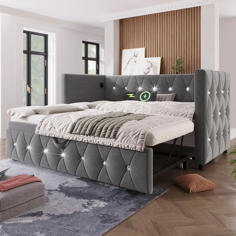 Ball & Cast Daybed Upholstered Single Bed mit Storage, Pull out Trundle Bed with USB &Type C Charging Sations, for Living Room and Bedroom, 90 x190 cm(no Mattress), Velvet, Gray