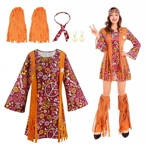 Focenat 4 Piece Hippie Costume Women's Set, 60s 70s Clothing Hippie Woman, 70s Costume Halloween Costume, 70s Theme Party Costume, Disco Outfit, Women's Set Retro Women Hippie (XL)