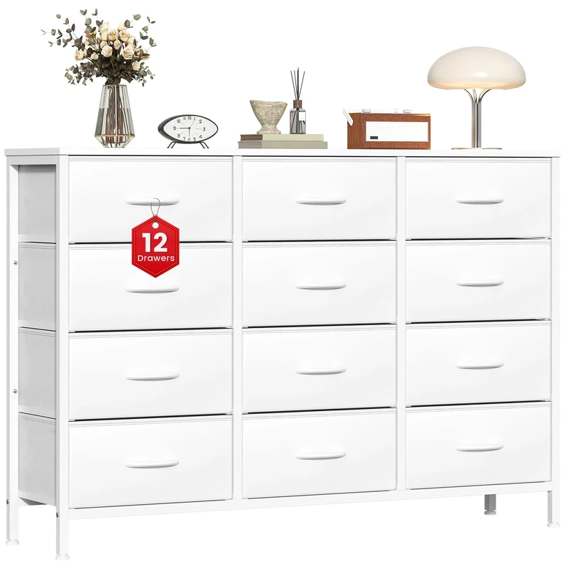 GoaHi Chest of Drawers with 12 Drawers,Bedroom Drawers, Fabric Dresser with Wood Top,Drawer Storage Unit for Bedroom, Living room, White