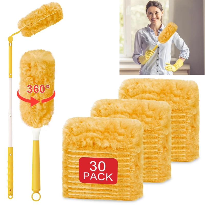 30 PCS Dust Magnet Disposable Dust 360° Yellow Dusting Kit Long Handle Short Handle for Household Cleaning Doors Windows Wardrobes Pendant Lights Ceiling Fan