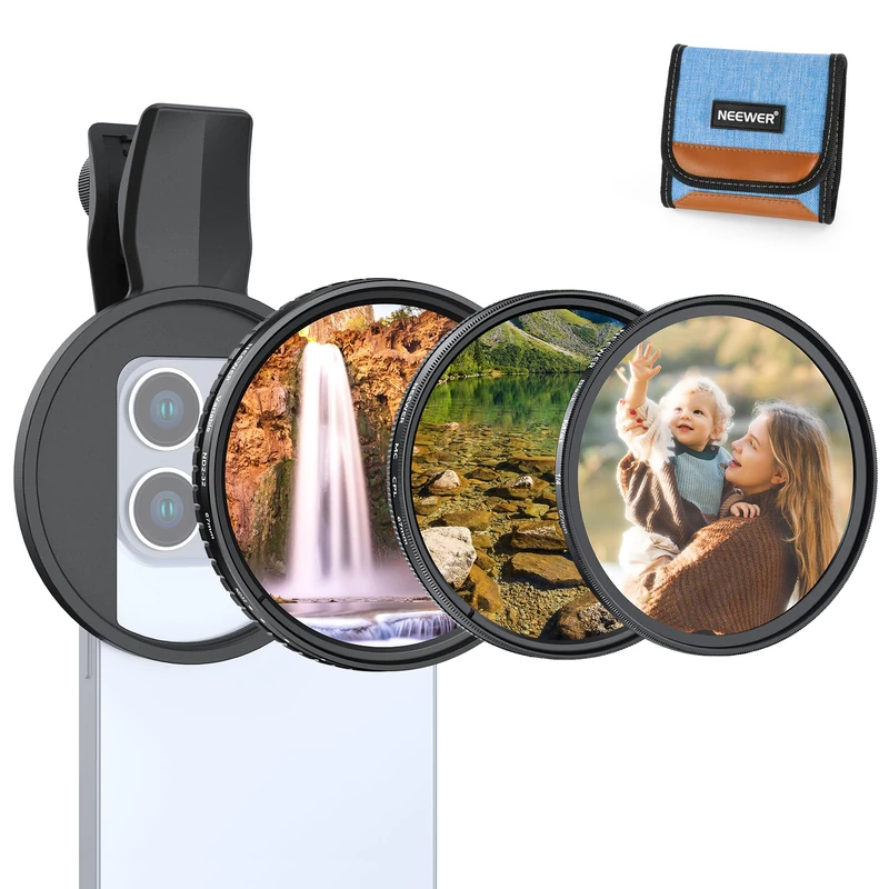 NEEWER 67mm Variable ND Filter Set Compatible with iPhone, 3 Pack Clip On CPL Circular Polarizing + ND2-32 + Black Diffusion 1/4 Phone Camera Lens Filter Photography Accessories Kit, FL-B37
