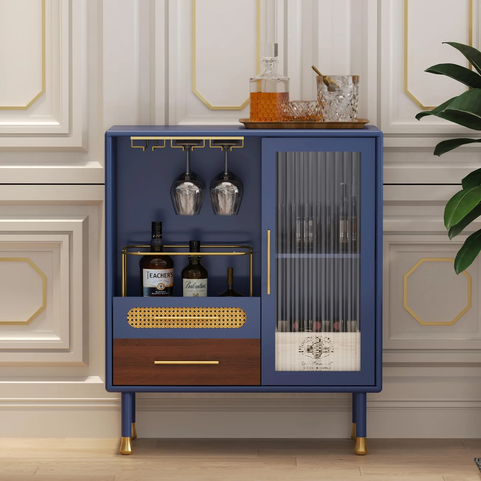 HOLTICO Drinks Cabinet, Blue Coffee Bar Cabinet with Wine Glass Racks and 2 Drawers, Modern Wooden Buffet Sideboards for Living Room, Kitchen, Dining Room