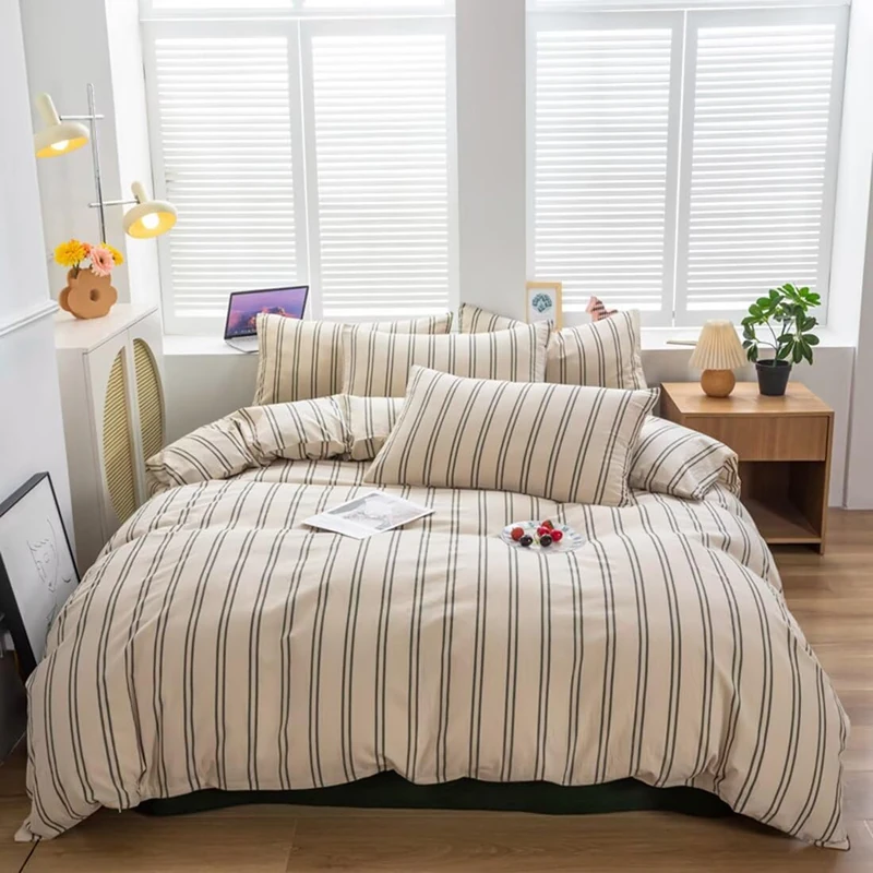 Mucalis Beige Duvet Cover King with Green Striped 100% Washed Cotton Duvet Cover Set Modern 3 Piece Stripe Pattern Bedding Set with Zipper Closure Corner Ties,Durable,Breathable,Easy Care