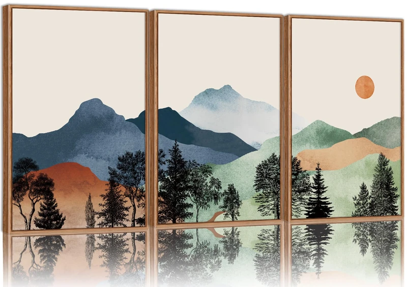 SIGNINART Boho Mountains Framed Canvas Wall Art Set of 3, Watercolor Nature Landscape Art Prints, Neutral Modern Sunrise Art Paintings, Green Forest Wall Decor for Living Room Bedroom Office 24"x36"x3
