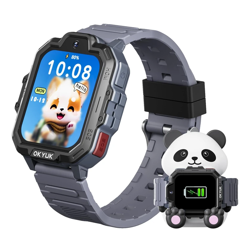 OKYUK T17 4G Kids Smart Watch, kids watch GPS Tracker with SOS Function, Video Call/Phone Call/Voice Chat/SMS, Pedometer, Class Mode, Camera, Puzzle Games, Kids Smartwatch for Boys Girls (Gray)