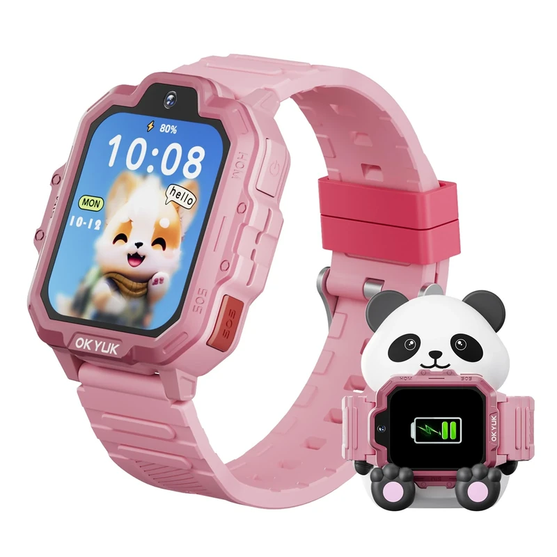 OKYUK T17 4G Kids Smart Watch, kids watch GPS Tracker with SOS Function, Video Call/Phone Call/Voice Chat/SMS, Pedometer, Class Mode, Camera, Puzzle Games, Kids Smartwatch for Boys Girls (Pink)
