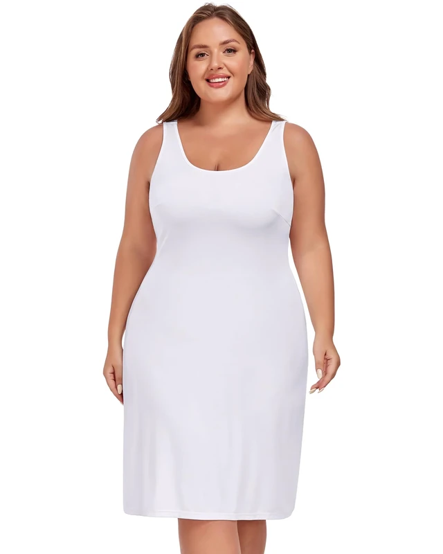 MANCYFIT Plus Size Slip for Women Under Dress Full Slip Tank Top Dress Wide Straps Nightgown, White, 24 Plus