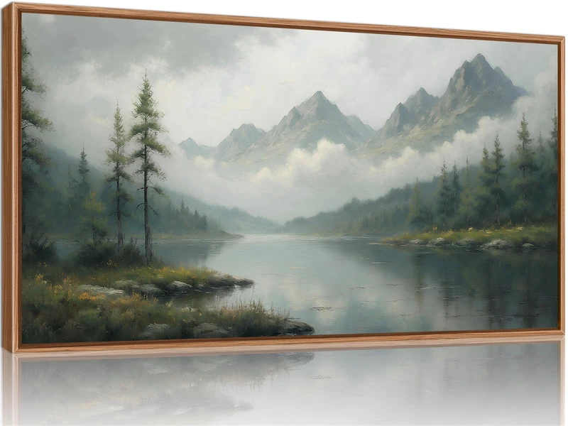 SIGNINART Large Misty Mountain Framed Canvas Wall Art, Green Forest River Scenery Wall Decor, Modern Foggy Wooden Landscape Artwork, Oil Style Nature Art Print for Living Room Bedroom Office 20"x40"