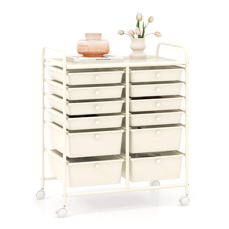 GiantexUK 4/6/12 Drawers Storage Trolley, Multipurpose Utility Rolling Cart on Wheels, Plastic Shelving Organizer Unit for Home Office Hairdressing Salon (Cream White, 12 Drawers)