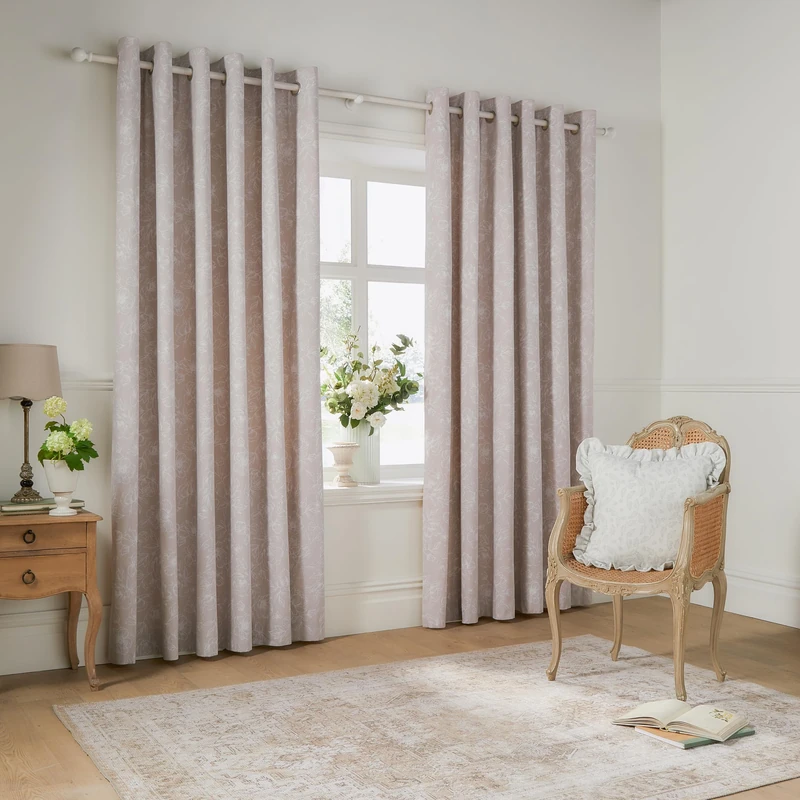 furn. Wylder Bella Eyelet Curtain Pair – 100% Cotton Natural Botanical Floral Lined Drapes (Natural - 168x137cm)