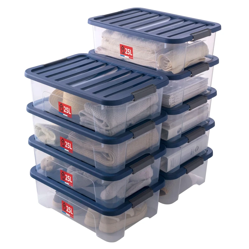 Sundis Wave Box 9 Pack 25L Stackable Stackable Clear Plastic Storage Boxes with Snap Lid, Ideal for Storing Bedroom, Dressing Room, Office, Laundry Room