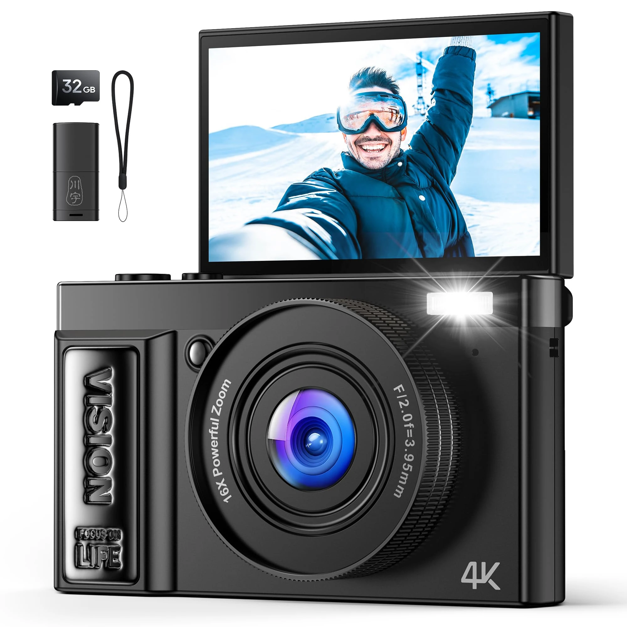 Digital Camera 4K for Photography Vlogging: 64MP Cameras for Video - 16X Zoom Photo Camera Gifts for Teens Ages 8-18 - 180°Flip Screen Compact Cámara - Point and Shoot Digital Cameras for Youtube