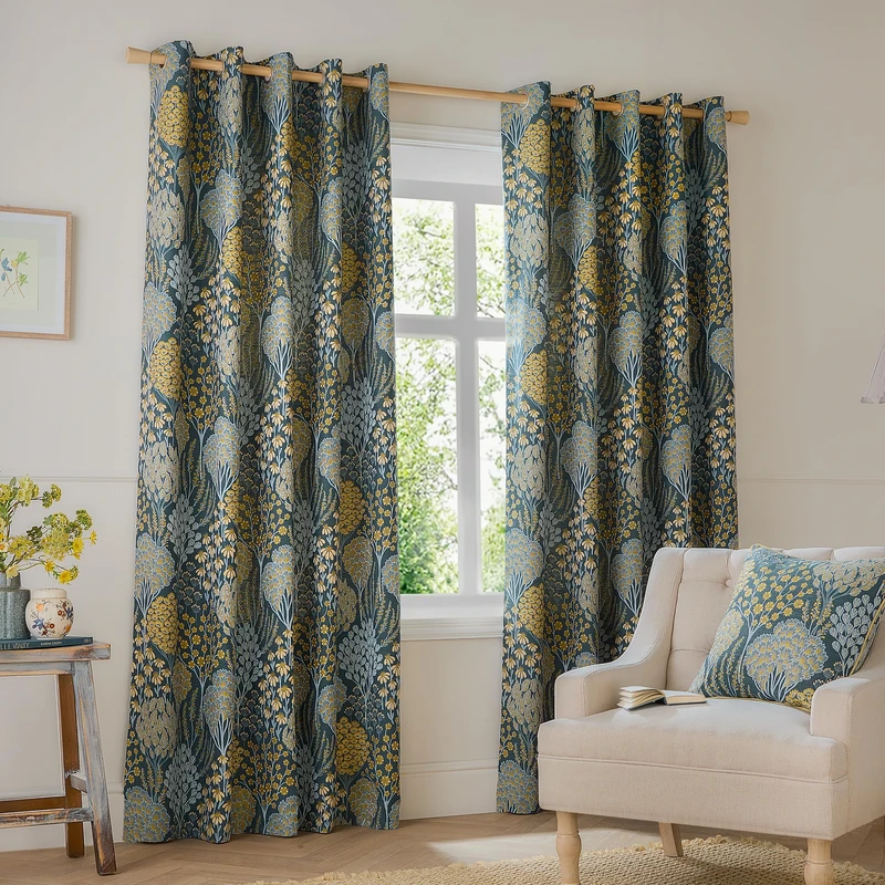 Wylder Ophelia Room Darkening Eyelet Curtain Pair – Bold Botanical Floral Jacquard Drapes (Blue/Saffron - L 137 x W 168cm - 2 Panels)