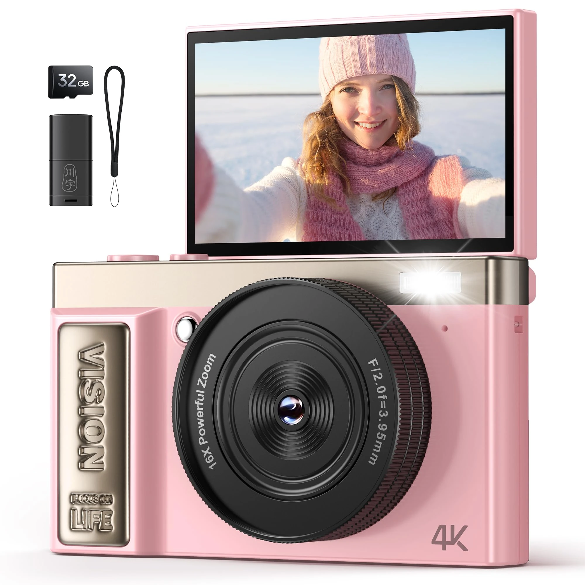 4K Digital Camera Pink for Girls Teens: 64MP Vlogging Camera with Flip Screen - 16X Zoom - Cute Compact Cam for Photography and YouTube – Aesthetic Point and Shoot Gift for Ages 8-18