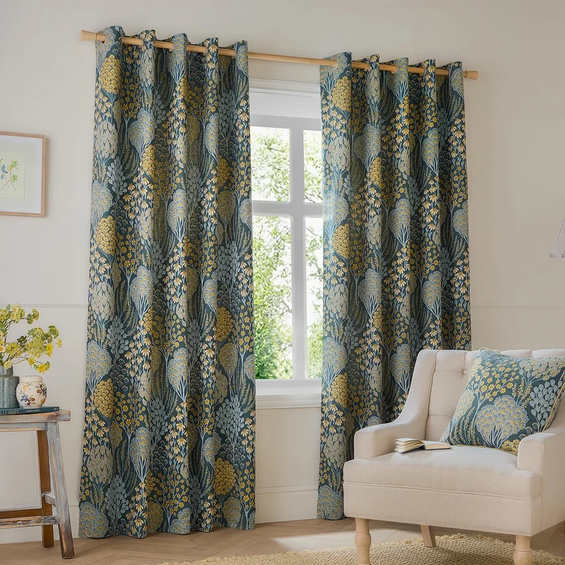furn. Wylder Ophelia Room Darkening Eyelet Curtain Pair – Bold Botanical Floral Jacquard Drapes (Blue/Saffron - L 183 x W 229cm - 2 Panels)