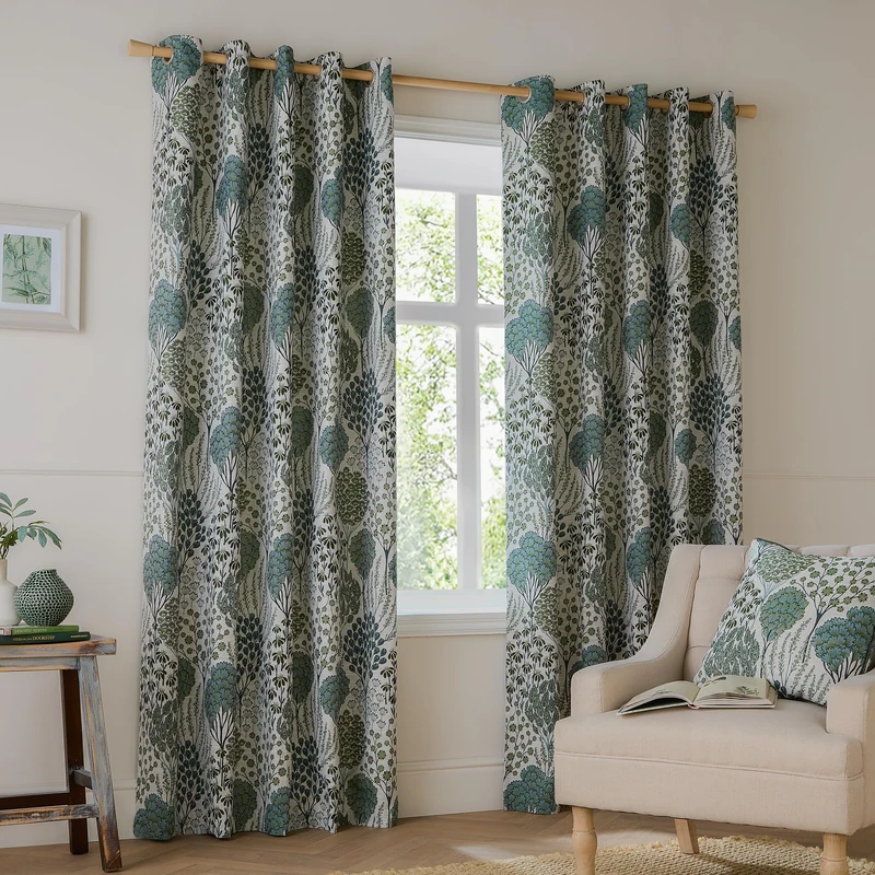 furn. Wylder Ophelia Room Darkening Eyelet Curtain Pair – Bold Botanical Floral Jacquard Drapes (Thyme/Mineral - L 183 x W 168cm - 2 Panels)