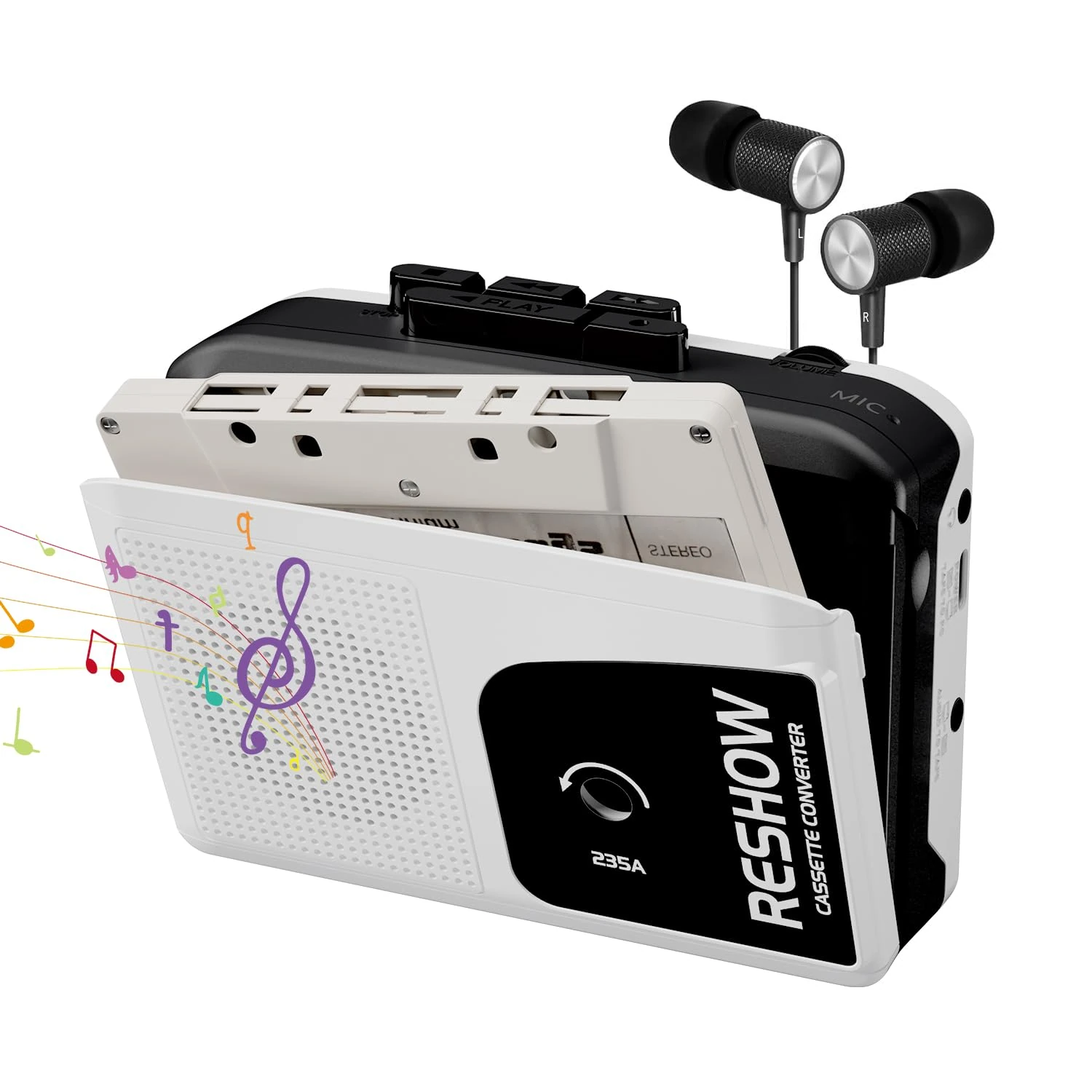 Reshow Cassette Player, Compact Tape Player Portable Recorder with Earphone, USB to MP3 Converter, Audio Cassette to Digital Converter(White）