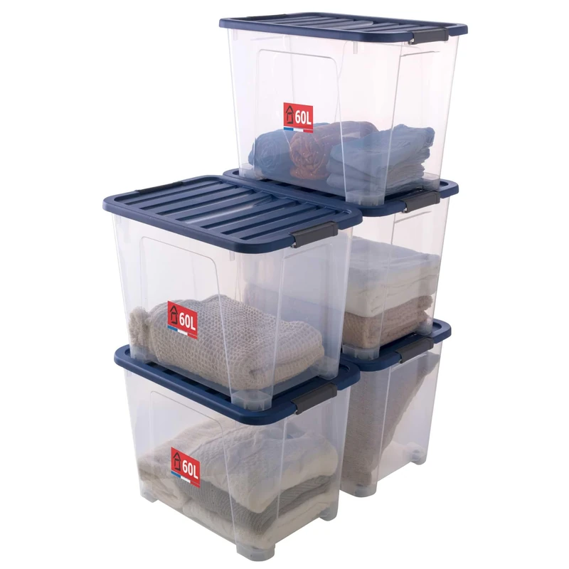 Sundis Wave Box, Pack of 5 Clear Plastic Storage Boxes with Snap Lids, Stackable and Stackable Storage Boxes for Bedroom, Toys, Office, Attic or Garage