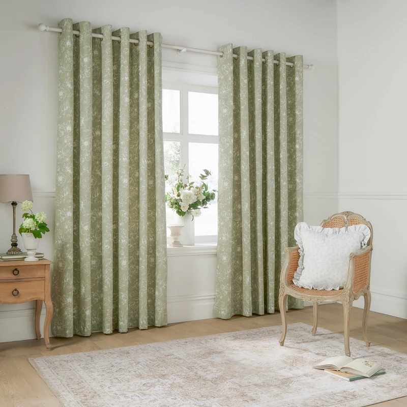 furn. Wylder Bella Eyelet Curtain Pair – 100% Cotton Natural Botanical Floral Lined Drapes (Sage - 168x137cm)