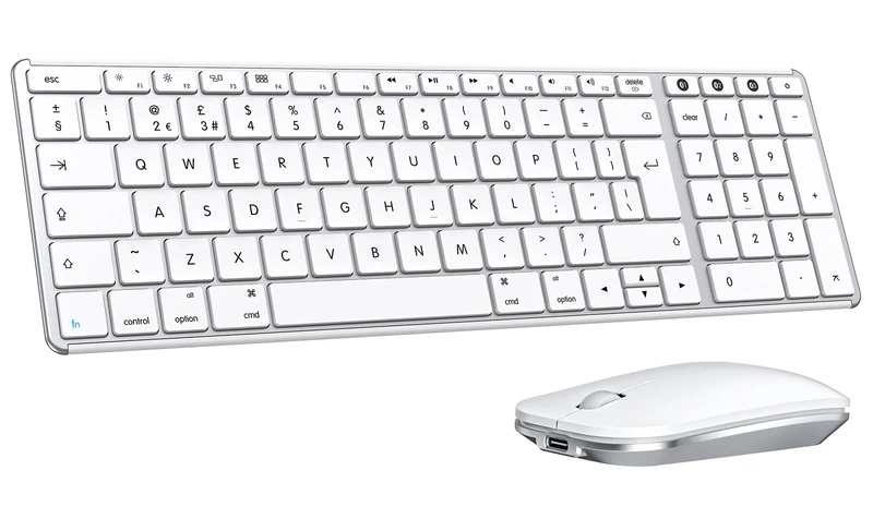 seenda SKM64-2 Wireless Bluetooth Keyboard and Mouse for Mac, Multi-Device Rechargeable Slim Keyboard and Mouse Metal Full Size, Compatible with MacBook Pro/Air, iPad, iMac - White and Silver