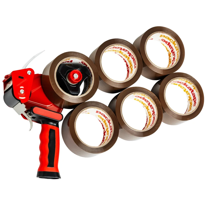 Packatape Packing Tape Gun with 6 Rolls of Extra Strong Brown Tape - Heavy Duty Packaging Tape with Premium Dispenser for Moving, Shipping and Storage