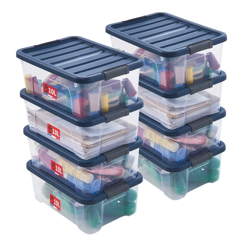 Sundis Wave Box 8 Pack 10L Stackable Stackable Clear Plastic Storage Boxes with Snap Lid, Ideal for Bedroom, Dressing Room, Shoes, Office