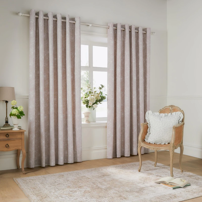 furn. Wylder Bella Eyelet Curtain Pair – 100% Cotton Natural Botanical Floral Lined Drapes (Natural - 168x183cm)
