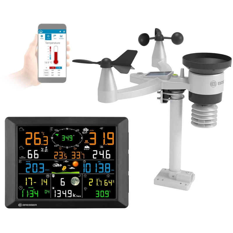Bresser Weather station 1.5km, Wi-Fi, 7 in 1 outdoor sensor, solar, UV, wind, rain, Wi-Fi download, alarm, indoor/outdoor climate